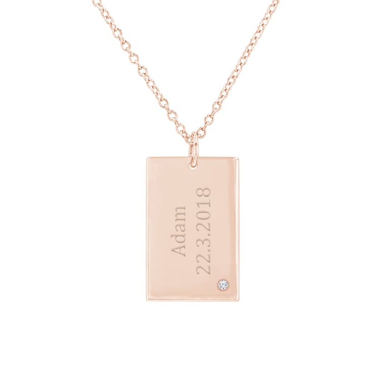 Rechteckiger Anhänger aus Gold mit einem Diamanten und Gravur Mays 100039