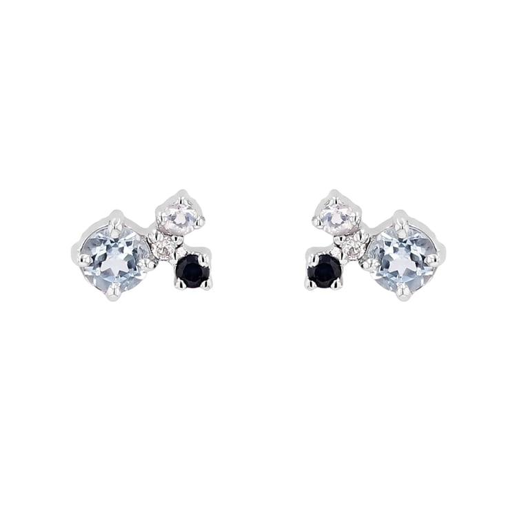 Silberne Cluster-Ohrstecker mit Mondstein, Aquamarin, Saphir und einem Diamanten Kerrie