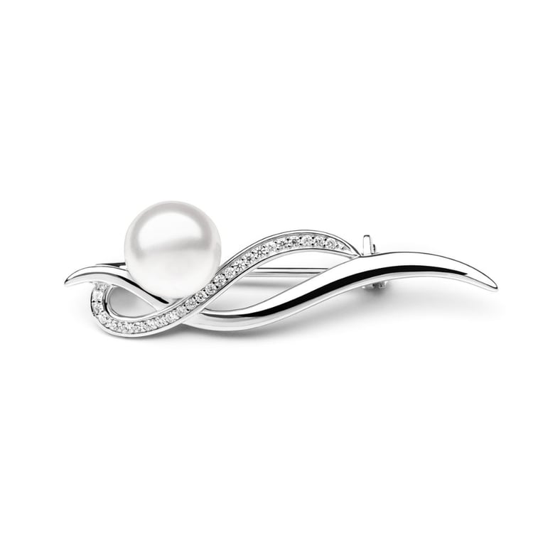 Silberne Brosche mit weißer Perle und Zirkonia Otmar