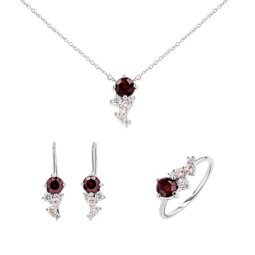 Schmuckset aus Cluster Schmuck mit böhmischen Granaten, Morganiten und Moissaniten Ester