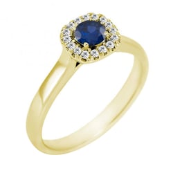 Goldener Verlobungsring mit Saphir und Diamantenkranz Reley