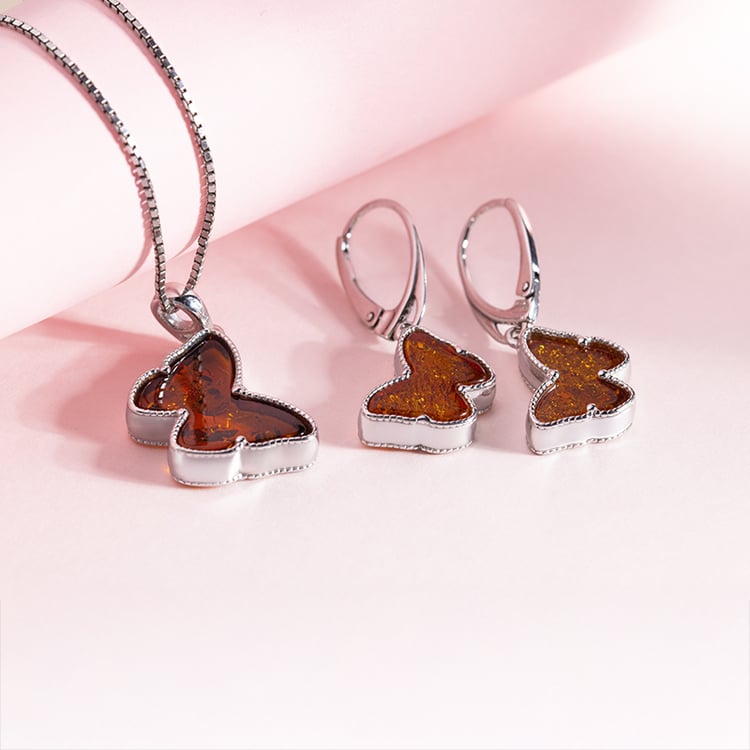 Silbernes Set mit Bernstein in Form eines Schmetterlings Peteli 150753