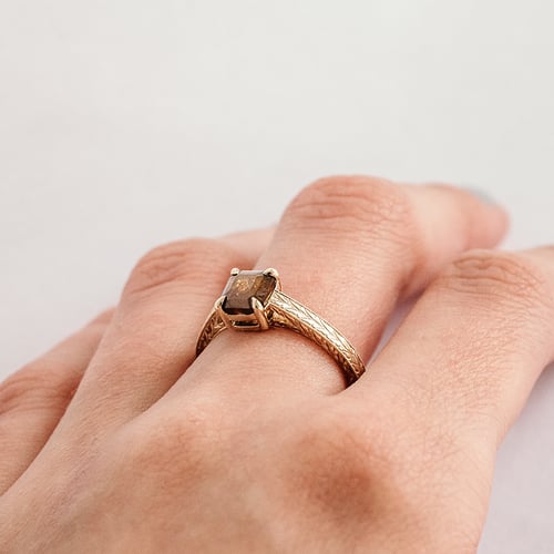 Von Hand gravierter Ring mit einem Salt and Pepper Diamanten in Emeraldschliff Arlena
