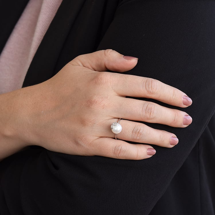 Goldener Ring mit Perle und Diamanten-Blättern Gemma 86755