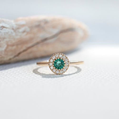 Goldener Halo Ring mit Smaragd umgeben von Diamanten Tafne