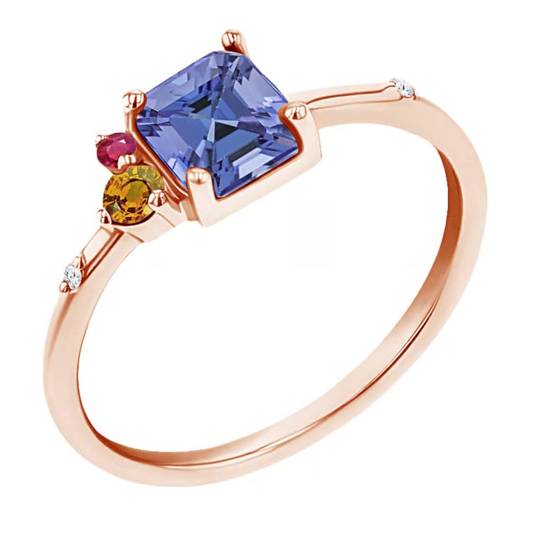 Cluster Scheidungsring mit einem Asscher Tansaniten, Padparadscha-Saphir, Rubin und Diamant Dennis 165516