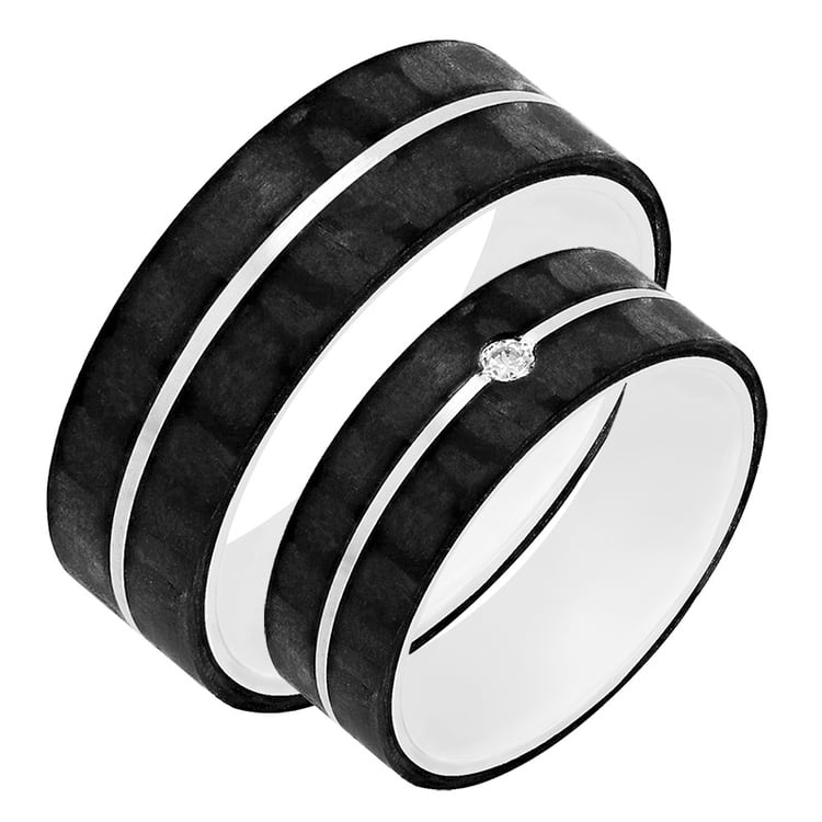 Flache Carbon Trauringe aus Gold mit Diamant Semaiah