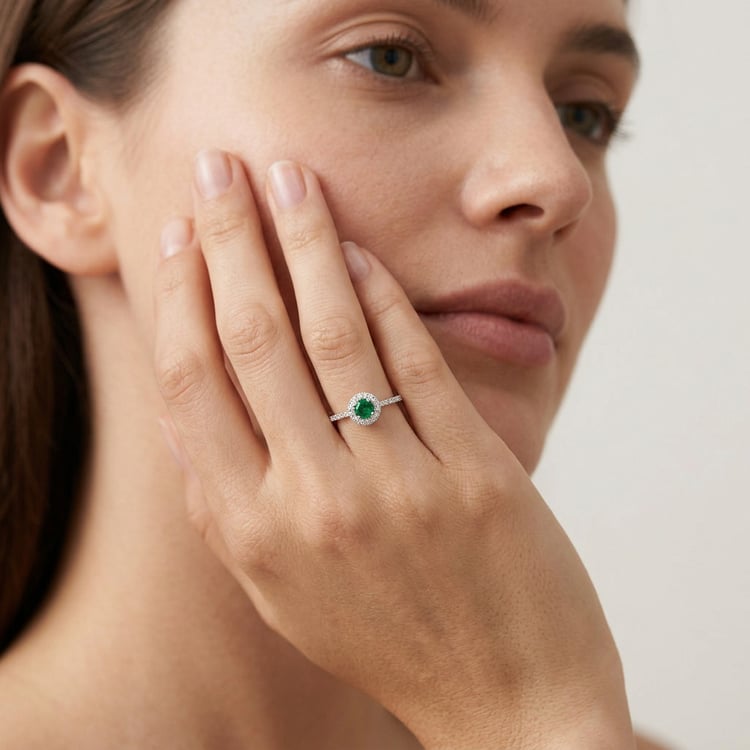 Silber Halo-Ring mit Smaragd und Lab Grown Diamanten Lys 171004