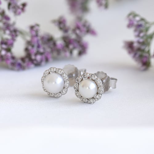 Goldene Halo-Ohrringe mit Perlen und Diamanten Desten