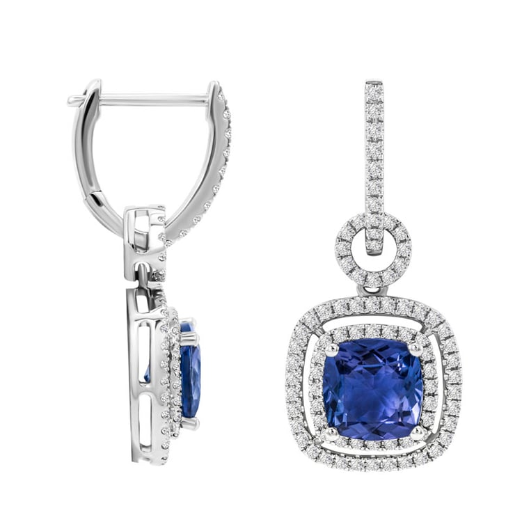 Goldene hängende Ohrringe mit Tansaniten und Diamanten Balliaas 31062