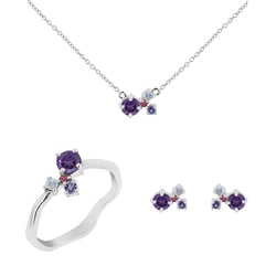Silbernes Cluster Schmuckset mit Amethysten und Edelsteinen Halli