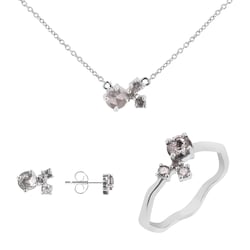 Silbernes Schmuckset im Cluster-Stil mit Salt and Pepper Diamanten Halli