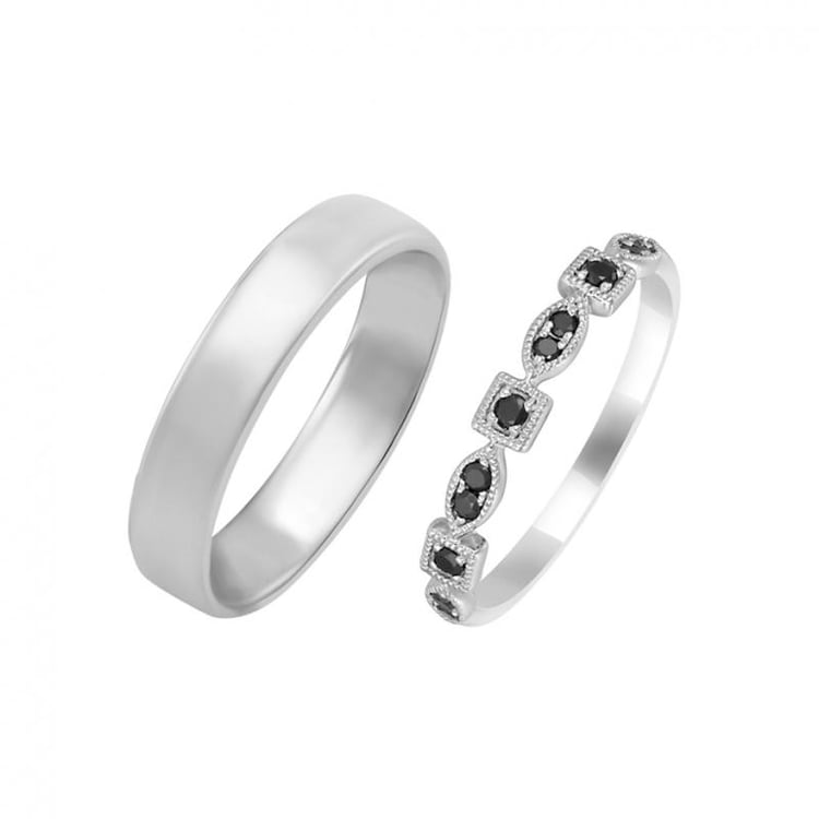 Vintage Ehering mit schwarzen Diamanten und Herren Komfort Ehering Pava