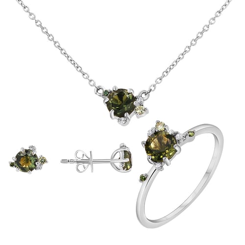 Cluster Schmuckset mit Moldavit, Saphir und Diamanten Odette