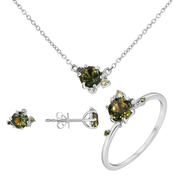 Cluster Schmuckset mit Moldavit, Saphir und Diamanten Odette 145697