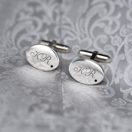 Silberne Manschettenknöpfe mit Gravur und schwarzen Diamanten Janvier