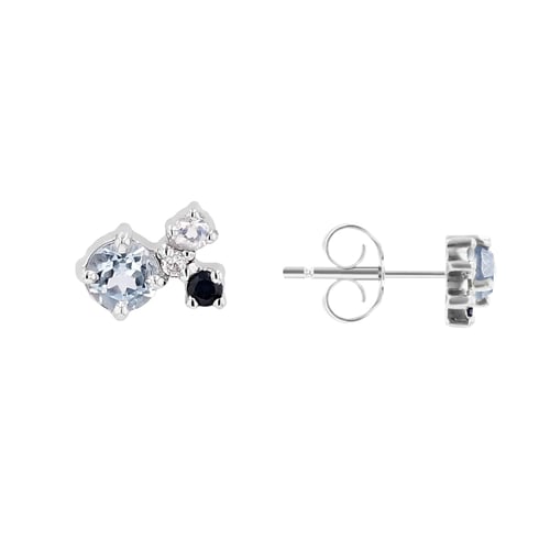 Silberne Cluster-Ohrstecker mit Mondstein, Aquamarin, Saphir und einem Diamanten Kerrie