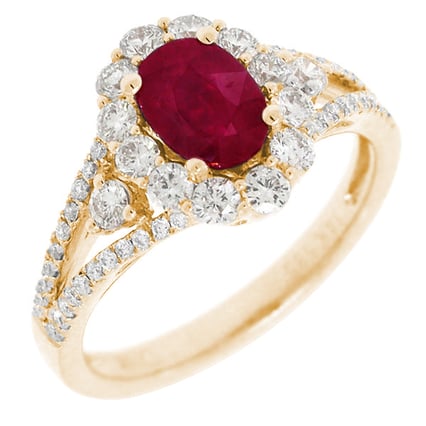 Luxuriöser goldener Ring mit einem Rubin und Diamanten Sajili