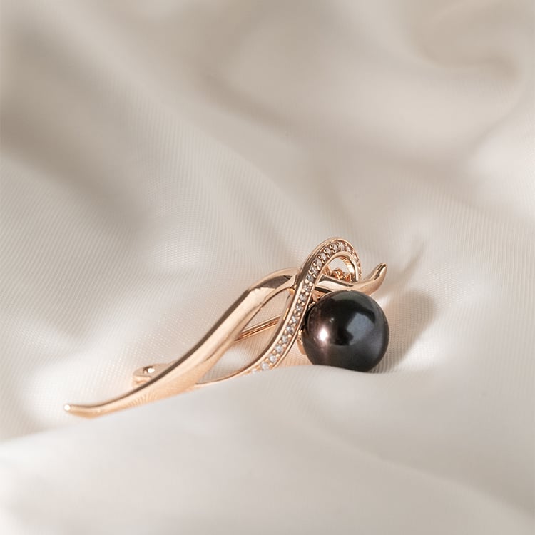 Vergoldete Brosche mit schwarzer Perle und Zirkonia Otmar 120277