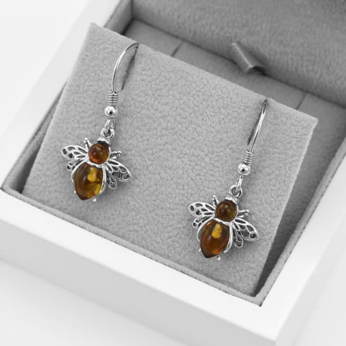 Silberne Ohrringe mit Bernsteinen in Bienenform Pomeline