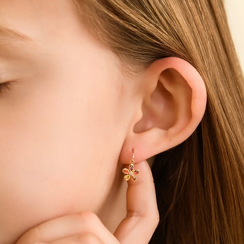 Goldene Kinder-Ohrringe mit farbigem Blümchen Poppy