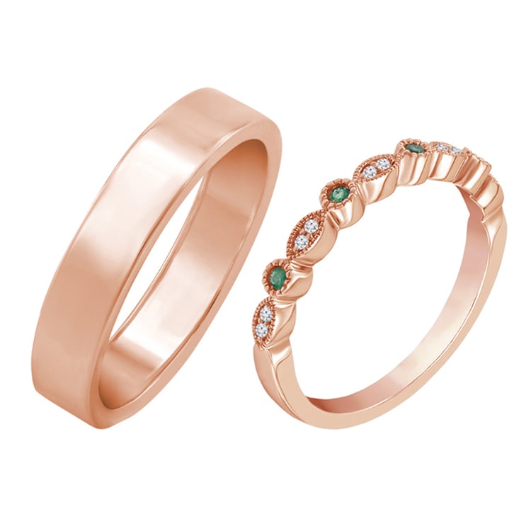 Rosegold Trauring flach und mit Diamanten und Smaragden 58602
