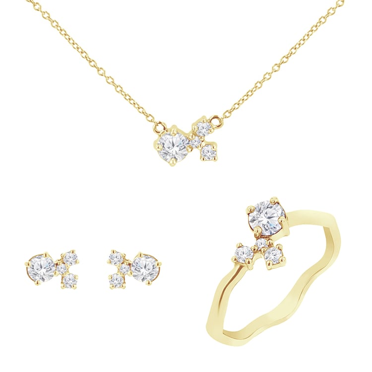 Silbernes Cluster-Schmuckset mit Moissaniten und Lab Grown Diamanten Halli