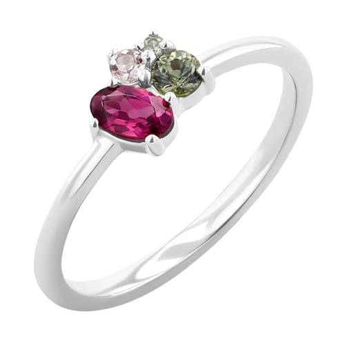 Cluster-Ring mit Rodolithgranat, Saphir, Morganit und Olivin Bluma