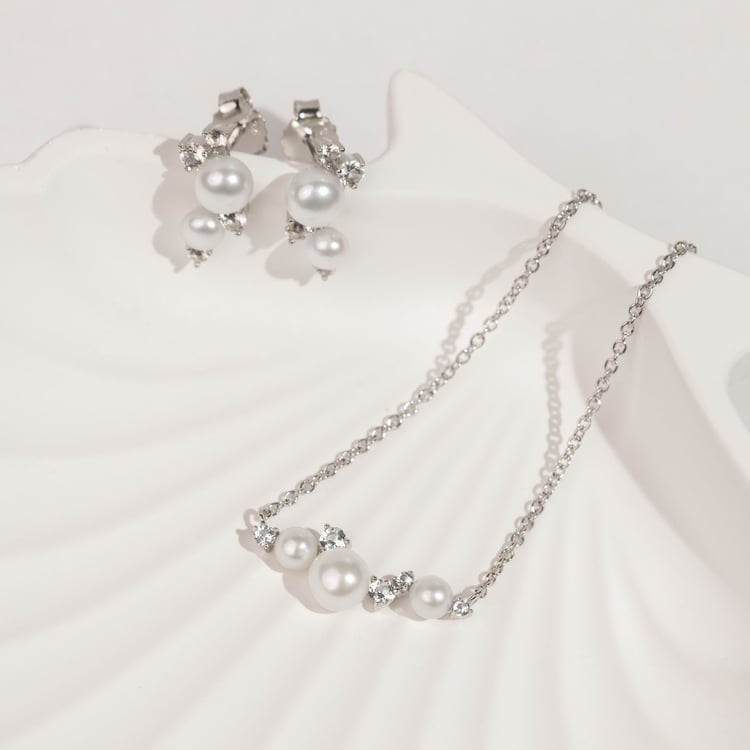 Silbernes Schmuckset mit Perlen und weißen Topasen Perlie 163954