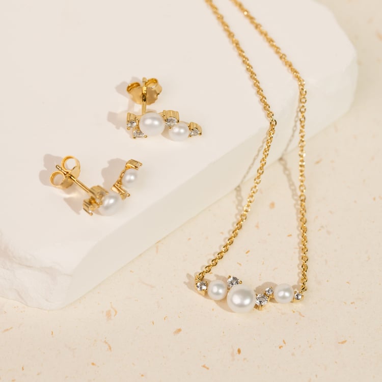 Silbernes Schmuckset mit Perlen und weißen Topasen Perlie 163956