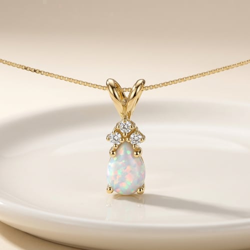 Goldener Anhänger mit weißem Pear-Opal und Lab Grown Diamanten Electrah