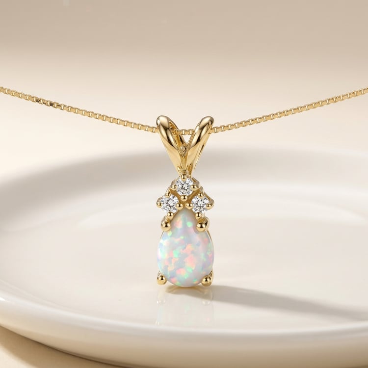 Goldener Anhänger mit weißem Pear-Opal und Lab Grown Diamanten Electrah 170908