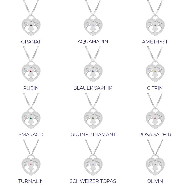 Silberner Anhänger mit Kinderfüßchen, einem Edelstein Ihrer Wahl und Gravur Olivia 111656