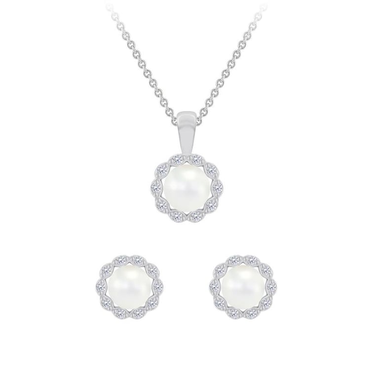 Schmuckset in Silber mit Perlen und Diamanten Kamila