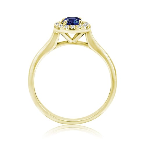 Goldener Verlobungsring mit Saphir und Diamantenkranz Reley