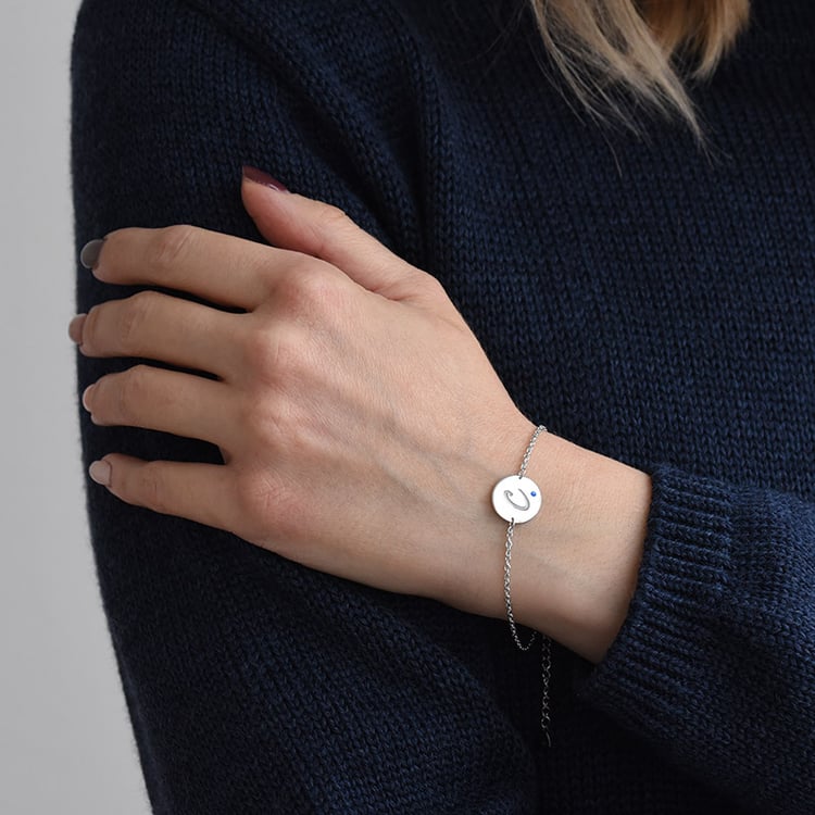 Silberarmband mit blauem Diamant und Gravur eines Buchstabens Dian 72173