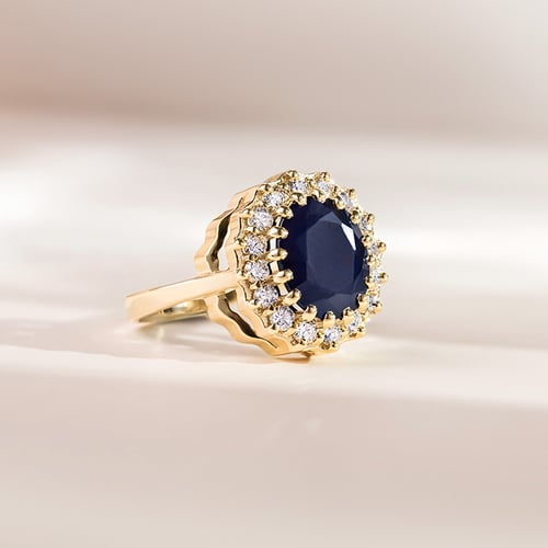 Eleganter Halo Verlobungsring mit Saphir und Diamanten Chrys