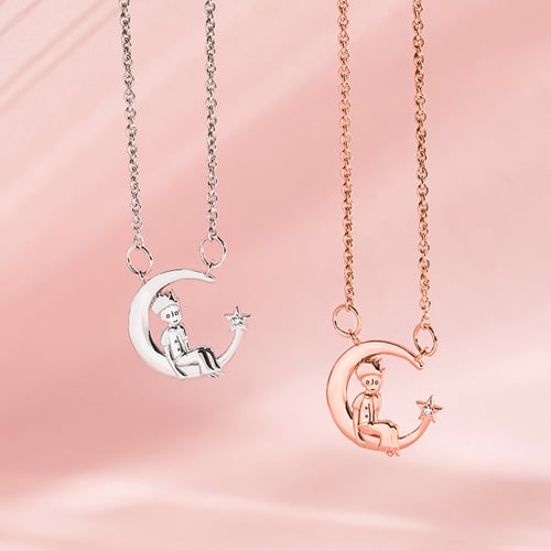 Silberne Halskette in Form einer Mondsichel mit einem Diamanten Kleiner Prinz