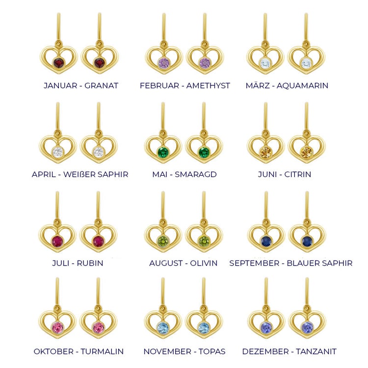 Goldene Kinderohrringe in Herzform mit Edelstein Ihrer Wahl Ariel 74480