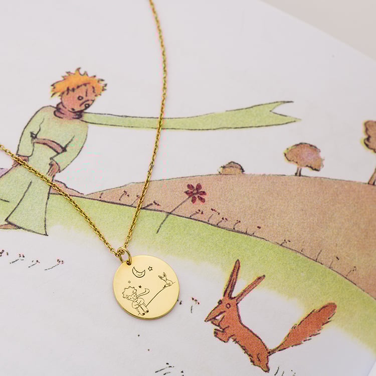 Goldener Anhänger Der Kleine Prinz mit Fuchs und Gravur 121867