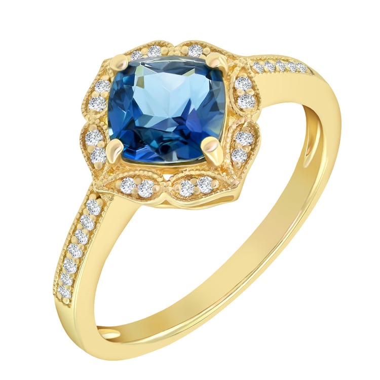 Goldener Vintagering mit blauem Topas und Diamanten Antonella 17026