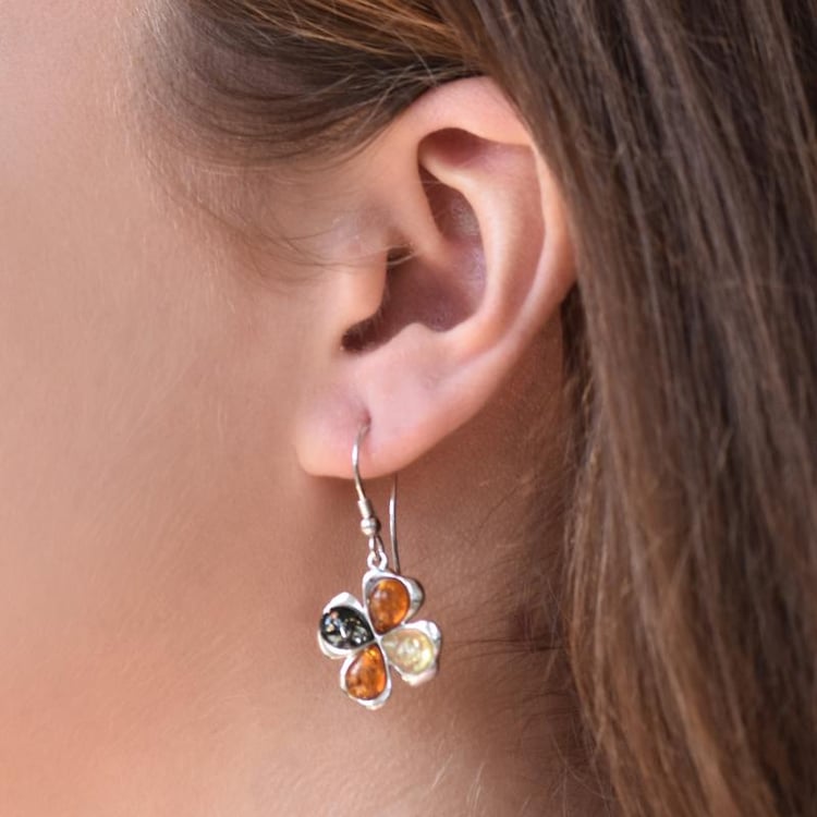 Silberne Bernsteinohrringe in Blumenform Araxie 19199