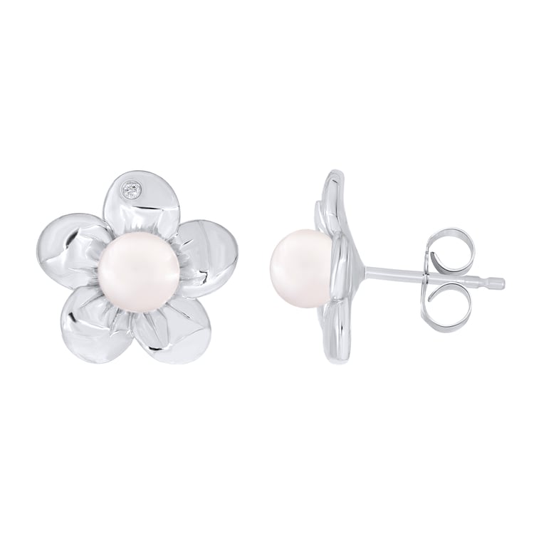 Zarte Ohrringe in Blumenform mit weißer Perle und Lab Grown Diamanten Abhishek