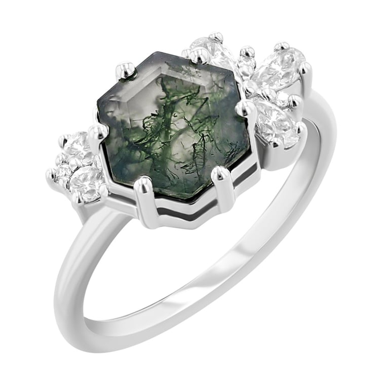 Einzigartiger Ring mit einem Moosachat und Moissaniten Anita