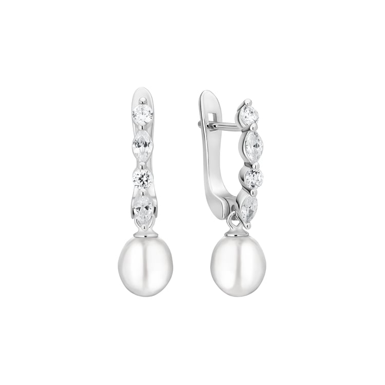 Silberne einfache Hängeohrringe mit Perlen und Zirkonia Vanda