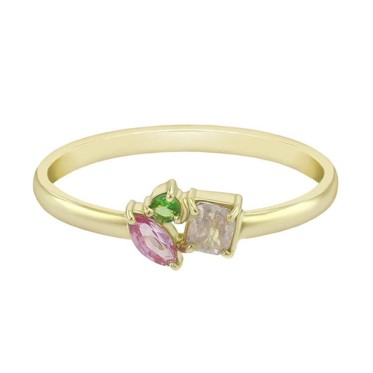 Goldring mit rosa Diamant, Tsavorit Granat und Saphir Samand