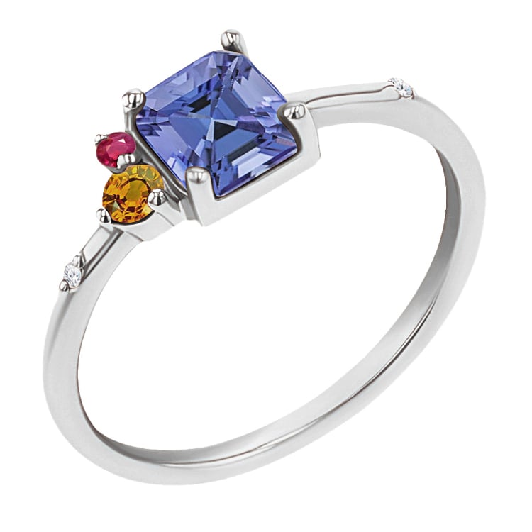 Cluster-Ring mit einem Asscher Tansaniten, Padparadscha-Saphir, Rubin und Diamant Kenny