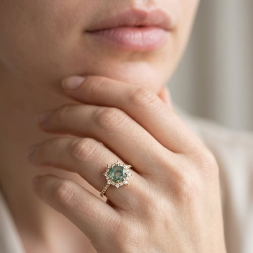 Einzigartiger Ring mit einem Moosachat und Moissaniten Amandas