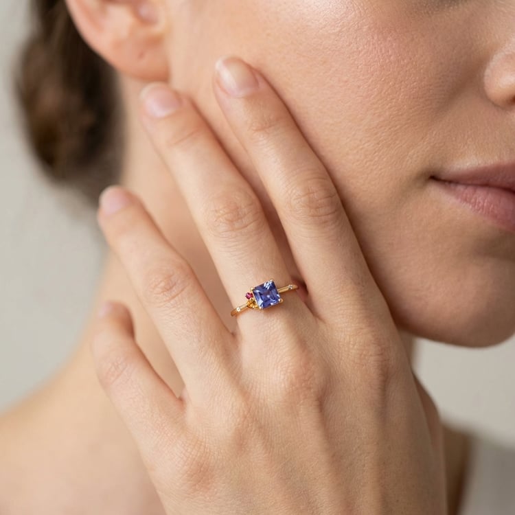 Cluster Scheidungsring mit einem Asscher Tansaniten, Padparadscha-Saphir, Rubin und Diamant Dennis 166257