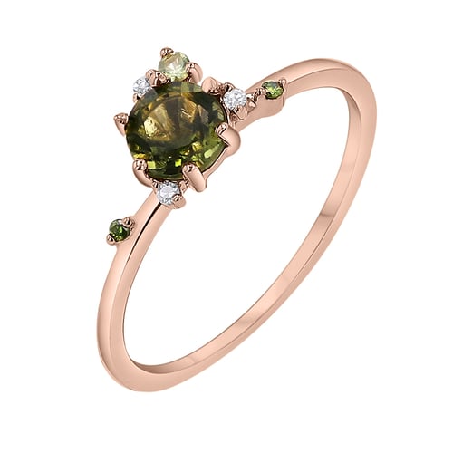Cluster Verlobungsring mit Moldavit, Saphir und Diamanten Rosa